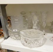Set of seven cut glass finger bowls, two cut glass fruit bowls, a decanter,