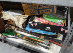 Quantity of children's puzzles, games, two leather cases, a set of wooden golf clubs,