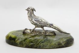 Late 19th century silver pheasant mounted paperweight on a green onyx base, London 1897,