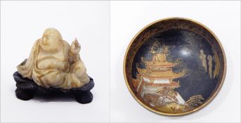 Japanese Kutani porcelain small bowl decorated with pagoda on a black ground, 6.