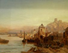 James Webb (circa 1825-1895) Oil on canvas Riverside city scene with figures in foreground on