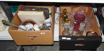 Art glass table lamp, various glass vases and decanters,