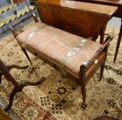 Edwardian box-seat duet stool on square tapering supports and brass castors (including sheet music)