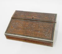 Indian Sadeli work writing slope, the fall-front with carved panels depicting palaces and elephants,