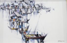 N K Kampan (20th century school) Oil on canvas Fishing boats and fishing huts, signed lower right,