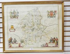 J Blaeu Map of Staffordshire, circa 1645, French text verso, contemporary hand-colouring,