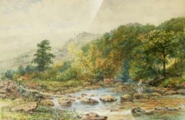 George Arthur Hickin (1821-1885) Watercolour drawing Female figure carrying wood across a stream