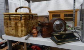 Copper watering can, a beaten copper jug, a small copper and brass planter, a Napoleon table clock,