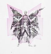 Pen and ink drawing Illustration for a comic book of a winged figure, initialled 