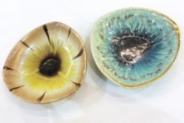 Pair of German Rouleaux triangular-shaped pottery dishes,