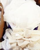 Assorted linen, an embroidered baby gown, a remnant of an embroidered silk baby gown, tablecloths,