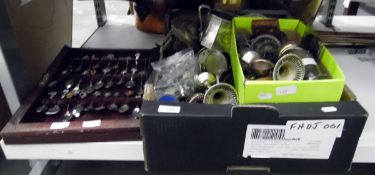 Assorted silver-plated items to include souvenir spoons, candlesticks,