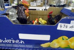 Various chicken ornaments including a glass bottle, a metal jug, ceramic jug, salt and pepper,