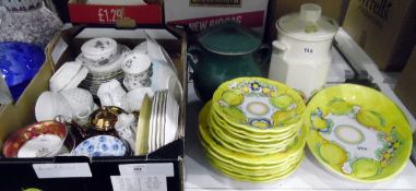 Handpainted pottery set marked 'Positano Fruits', lemons, oranges on a bright yellow ground,