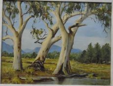 Glad Meechan Pair oils on board Pair Australian landscapes with trees and mountains, 18.