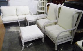 Five-piece limed-finish conservatory suite comprising two wingside easy chairs and a two-seat