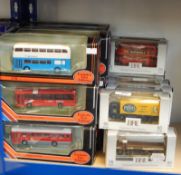 Collection of Exclusive First Edition diecast model buses and lorries in window boxes