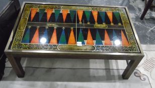 Modern rectangular top coffee table depicting a backgammon board, on square legs,