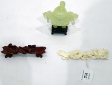 Chinese green hardstone carved pot and cover on stand,