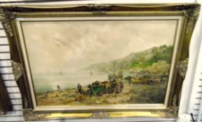 Matteo Passoni (Italian, 20th century school) Oil on canvas Coastal scene with fishermen on beach,