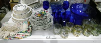 Large blue pressed glass bowl with three matching goblets, four dark blue glass tumblers,