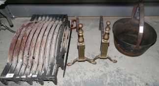 Metal firegrate, two metal firedogs,