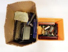 Hornby diecast loco 0-6-2, tinplate passenger carriages, coal wagon, diecast level crossing,