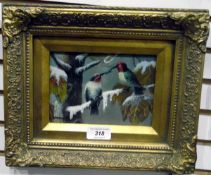 Reproduction oil on board Birds seated on snowy branch