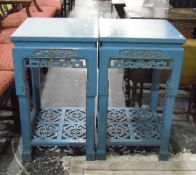 Pair of Oriental blue painted vase stands with fret carved apron and under-tier (2)