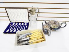 Silver-plated and glass claret jug, a quantity of stainless steel knives, a silver-plated teapot,