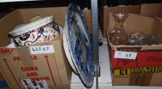 Quantity of assorted glassware, a large blue and white meat dish with ribs and a scoop for gravy,