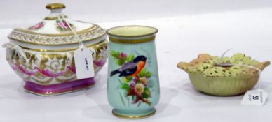 Worcester small cylindrical vase, the blue ground painted with birds and flowers,