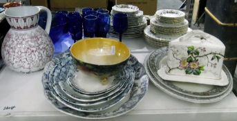 Set of five graduated meat/serving plates, a large blue and white meat dish, two other meat dishes,