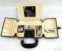 Jewellery box and contents including a silver swallow brooch with marcasite body and enamel wings,