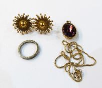 Pair of gold-coloured metal star-pattern earrings with screw fixings, a 9K gold S-link chain,