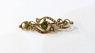 9ct gold, peridot and seedpearl bar brooch,