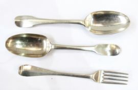 Two 18th century French silver rat tail tablespoons and a 18th century continental fork (3)
