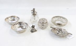 Pair of pierced bowl bonbon dishes with bead borders, marked silver, a silver rimmed cut glass dish,