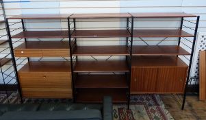 Triple Ladderax style black metal and hardwood shelving unit to include an upper section of two