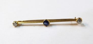 15ct gold, sapphire and diamond bar brooch set three stones,