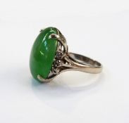 White gold-coloured metal jade & diamond ring, set oval polished jade stone,