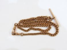 9ct rose gold double-albert chain, graduated curb-link with T-bar, 41.