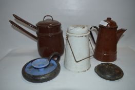 Brown Enamel Pan, Jug, White Jug and a Candlestick