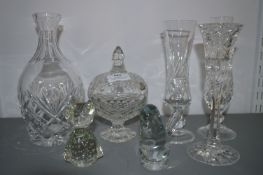 Collection of Crystal Lead Glass, Vases, Decanter, Paperweights