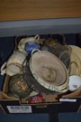 Box of Pottery, Jugs, Plated Ware, Vases, Glassware, etc.