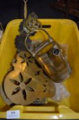 Box of Brassware Including, Horse Brasses, Nut Roaster, Kettles, etc.