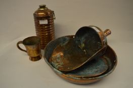 Copperware Including Bed Warming Bottle, Copper Scoop and a Bowl