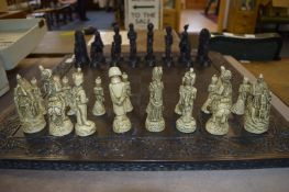 Carved Wood Chess Board and Napoleonic Chess Set