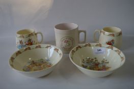 Royal Doulton Bunnykins Two Bowls, Two Mugs and a Hornsea Mug