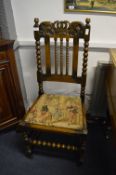 Oak Hall Chair with Tapestry Seat and Bobbin Turned Supports